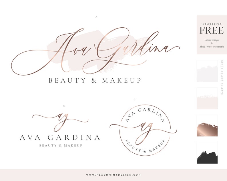 Beauty Logo Design, Custom Logo Design Branding Package, Custom Beauty Logo, Rose Gold Logo, Pink Watercolor Logo, Elegant Script 