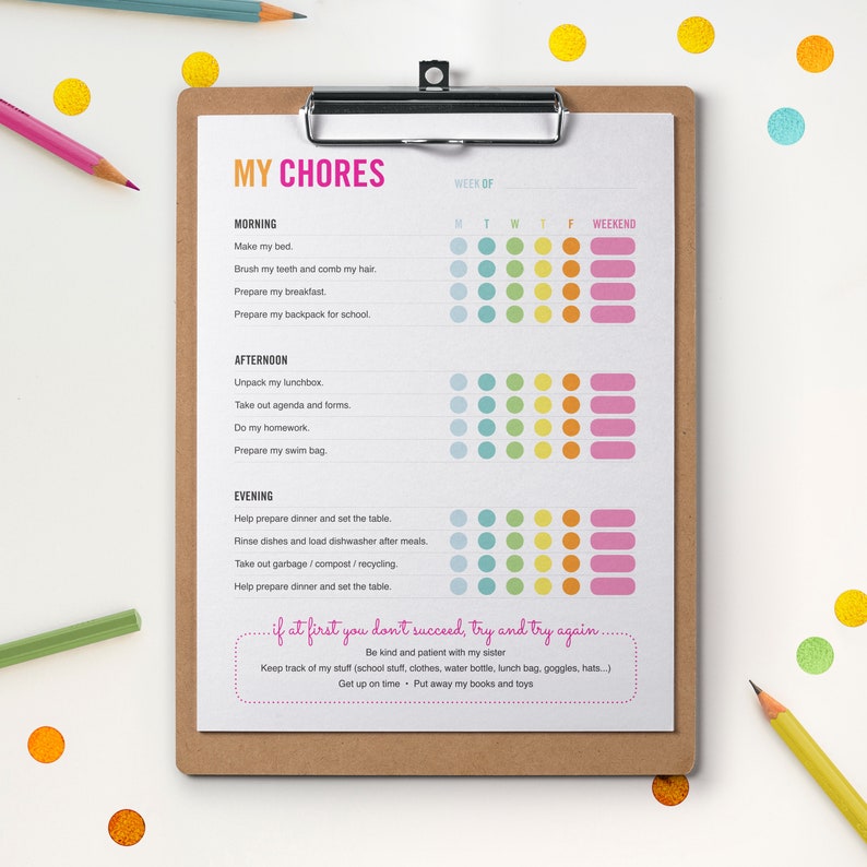 Printable Chore Chart for Kids Morning, Afternoon, Evening Chores Daily ...
