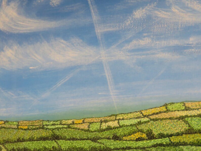 May include: An oil painting of a landscape featuring a blue sky with white clouds and contrails. The lower part of the painting shows green and yellow fields, creating a patchwork effect. The artwork evokes a rural scene.