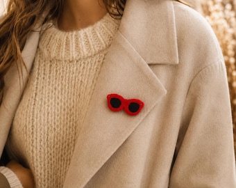 Red Sunglasses Brooch, Needle Felted Wool Pin, Retro Statement Jewelry