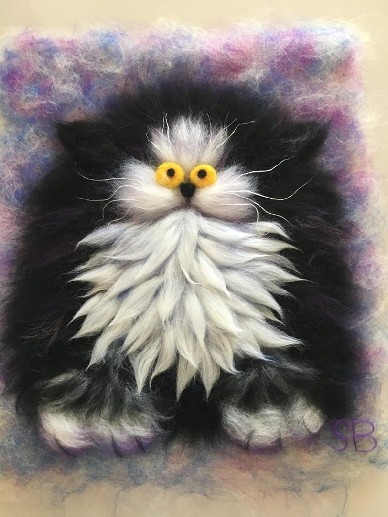 Peinture Murale Chat Noir Et Blanc Tableau Feutre En Laine Etsy