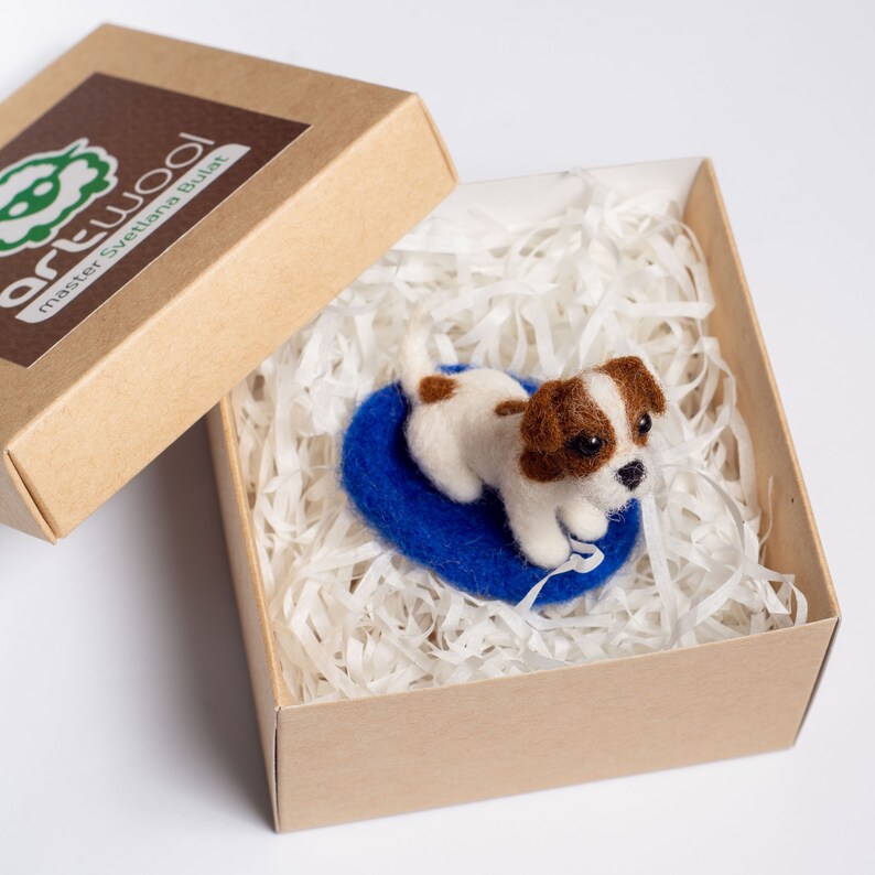 Felted Jack Russell miniature in a kraft gift box with paper filling.