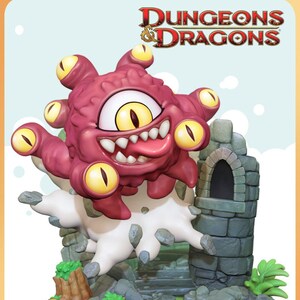 May include: A red and white Dungeons & Dragons Beholder figure with a single large eye and five smaller eyes. The figure is breaking through a stone wall with a small stone archway. The figure is on a green base with a small tree stump and green bushes.