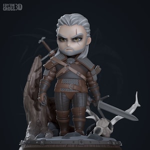 Puede incluir: Una figura gris y marrón de Geralt de Rivia, un personaje de la serie de videojuegos The Witcher. La figura está en estilo chibi, con una cabeza grande y un cuerpo pequeño. Geralt sostiene una espada en su mano derecha y tiene una espada atada a su espalda. Está de pie sobre una base de madera con un cráneo y cuernos. La base tiene las palabras "The Witcher" escritas en ella.