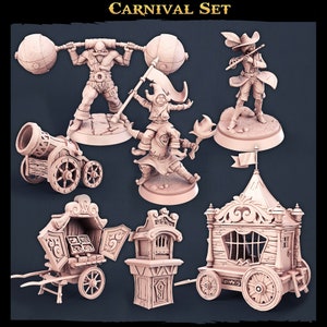 Carnival Set Cart Food Cannon Harlequin Flautist Strong Man 28mm 32mm ∞ Tabletop Games ∞ D&D Dungeons and Dragons ∞ Wargaming ∞ Pathfinder
