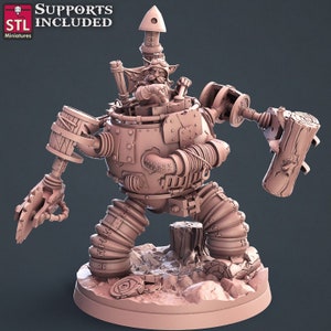 May include: A 3D printed miniature of a steampunk goblin pilot in a mechanical suit. The goblin is holding a wrench and the suit has a large hammer attached to one arm. The miniature is printed in a light brown colour and is ready to be painted.
