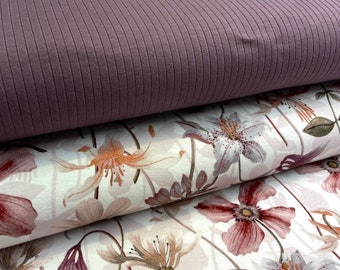 Stoffpaket BW Jersey Flowers (Bio) und Ribjersey mauve    OekoTex Standard 100  2 Stoffstücke je 50cm x 150cm