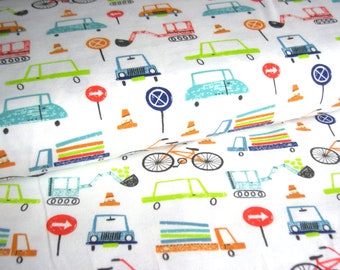 Cotton jersey white with vehicles , 50 cm x 150 cm