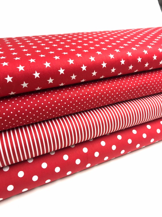 Stoffpaket rot  mit Sternen und Punkten   4 Stoffe je 25 x 150 cm   Patchworkstoffe  Nähpaket   Baumwollstoffe