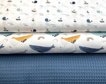 Fabric package cotton maritime whales woven fabric white blue waffle lpique jeans blue 3 x 50 cm sewing package