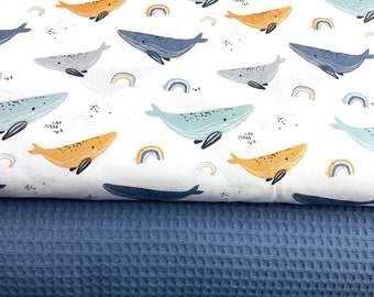 Fabric package cotton whales white waffle pique denim blue 2 x 50 cm sewing package