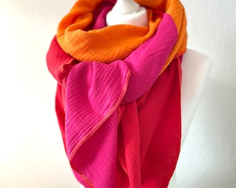 Musselintuch XXL dreifarbig Pink Orange Rot Dreieckstuch Halstuch  Knotentuch   Double Gauze