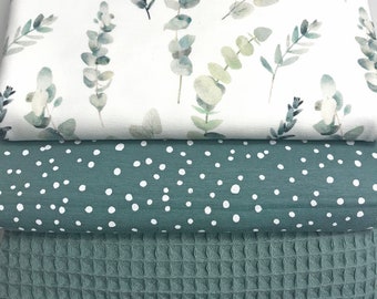 Fabric package Jersey Eucalyptus * old green with dots * Waffle lpique old green * 3 x 50 cm * Sewing package * Jersey package * Children's fabrics