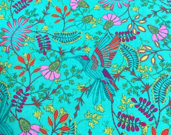 Canvas turquoise with flowers and birds 50 cm x 135 cm
