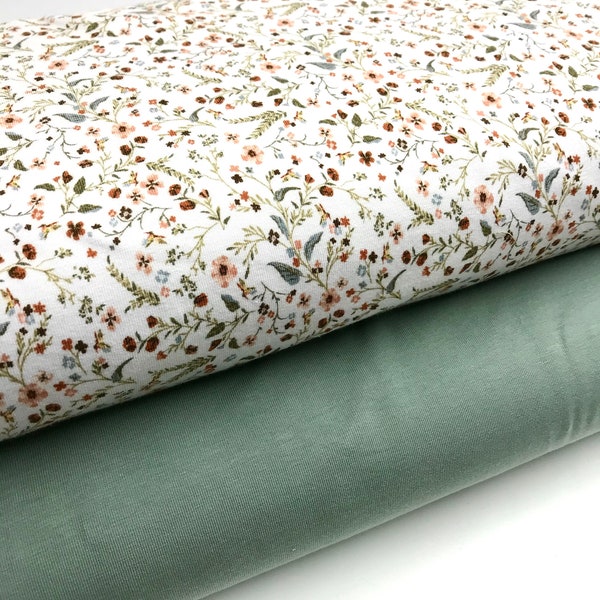 Stoffpaket Baumwoll-Jersey  mit Streublumen und uni dusty mint Bio- BW Jersey       2Stücke je  50cm x 150cm