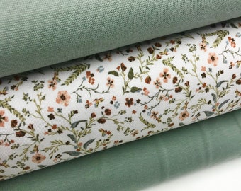 Fabric package cotton jersey millefleurs and plain dusty old green organic BW jersey and organic cuffs 3 pieces each 50 cm x 150 cm