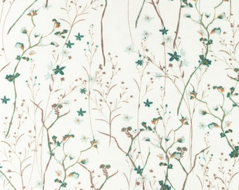 Baumwoll-Jersey   weiß mit filigranen  Blumen   altgrün 50cm x 150cm