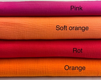 May include: Four fabric swatches in shades of pink, orange, and red. The swatches are stacked on top of each other. The top swatch is pink, the second swatch is a soft orange, the third swatch is red, and the bottom swatch is a bright orange. The swatches are labeled "Pink", "Soft orange", "Rot", and "Orange".