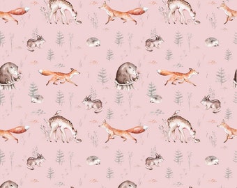 Bio-French Terry  Forest Animals auf rosa Grund  Waldtiere  50cm x 145cm