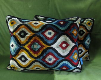 Silk velvet ikat cushion cover pair