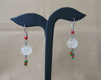 Antique quartz earrings with coral and glass beads