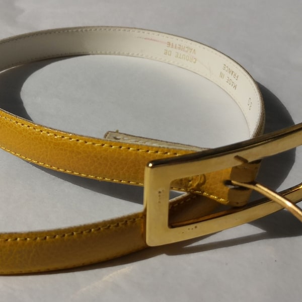 Vintage 80s yellow split cow leather belt with golden buckle Size 80