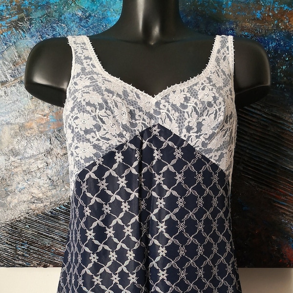 Fond de robe vintage 60s bleu et blanc Perlon combinaison lingerie à bretelles Taille M