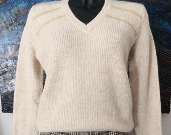 Vintage 1970s women's sweater - Ecru wool alpaca - Aurora - Size 40/42 FR