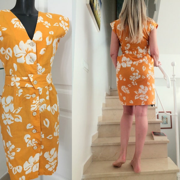 Robe vintage CATHERINE GERARD boutonnée orange à fleurs blanches Taille 38 FR