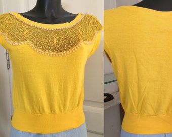 Crop top vintage jaune Christiane Julliand pour Francis Laurent Taille 36-38 FR