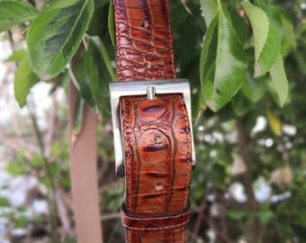 Vintage brown leather men belt with silver color buckle Size 105-120 cm