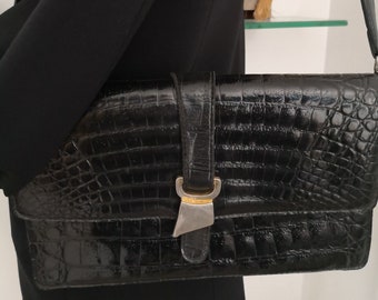 Sac à Main Vintage Noir En Véritable Crocodile - Cuir Exotique - Fermeture Bouton Pression - Bon état