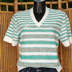 Jersey vintage 70s GRIFFON FRERES cuello pico con rayas tricolores verdes, blancas y gris jaspeado, manga corta Talla M/L
