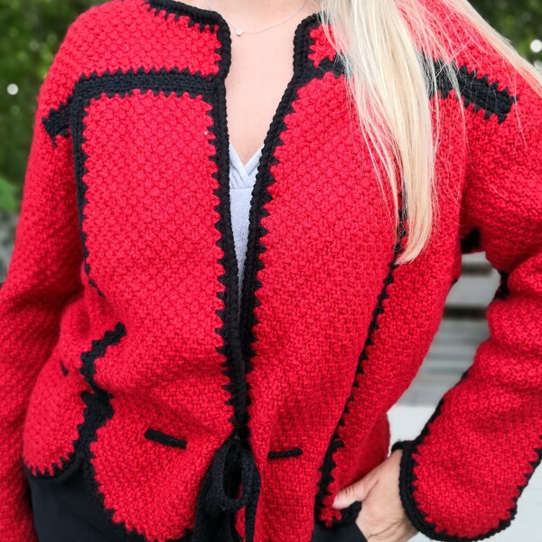 Cardigan vintage rouge et noir en laine Taille M