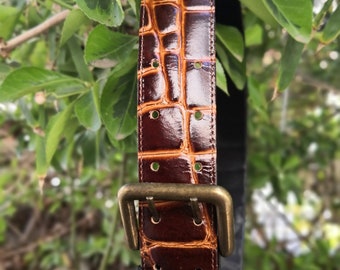 Vintage brown patent leather belt with bronze buckle Size 90 cm