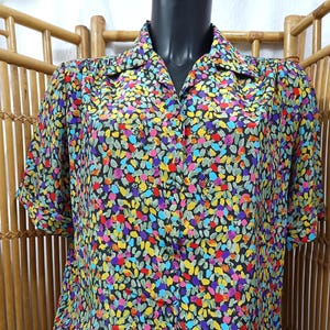 Vintage 1980s multicolor shirt - Made in France - Multicolor confetti print on black - Size L