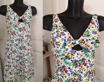 Robe vintage 70s multicolore à fleurs sans manches Taille 38 FR