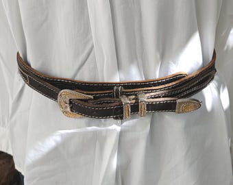 Belt Vintage Hand Tooled Black Leather Belt: Silver Buckle  display picture 3
