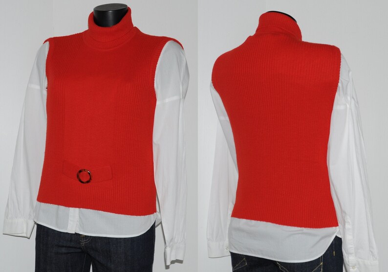 Vintage 70s red high neck sleeveless sweater with buckle Size 36-38 FR image 1