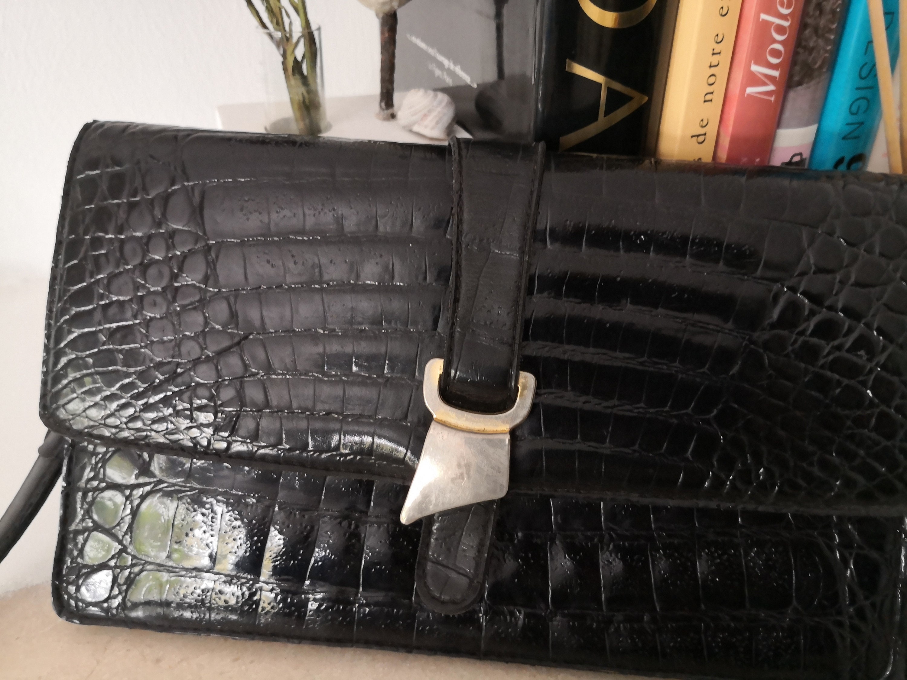 Women's Black Crocodile Leather Handbag Novel