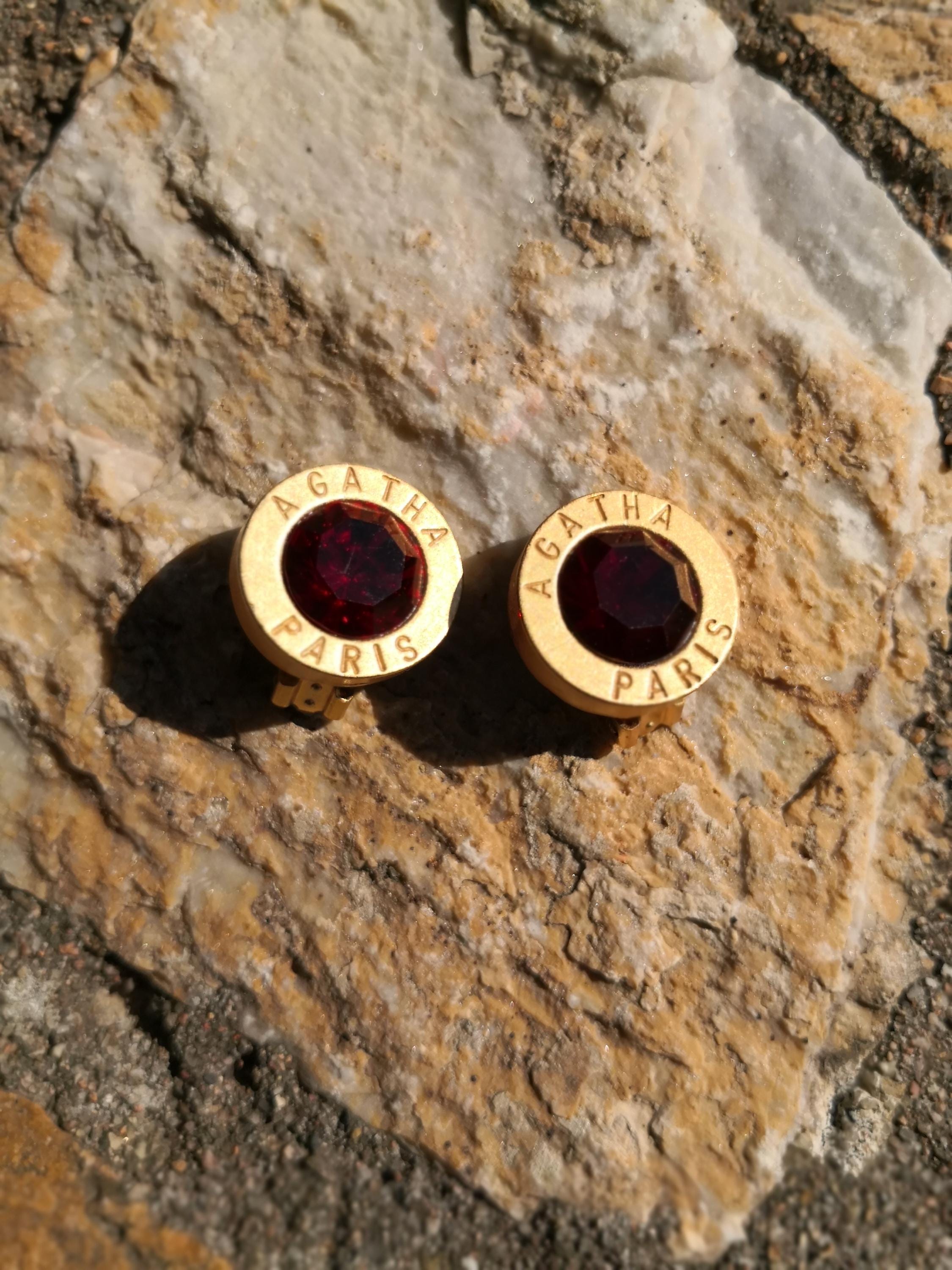 Boucles D'oreilles Vintage Agatha - Forme Cœur En Métal Doré Avec Cabochon Orange - Occasion Bon état