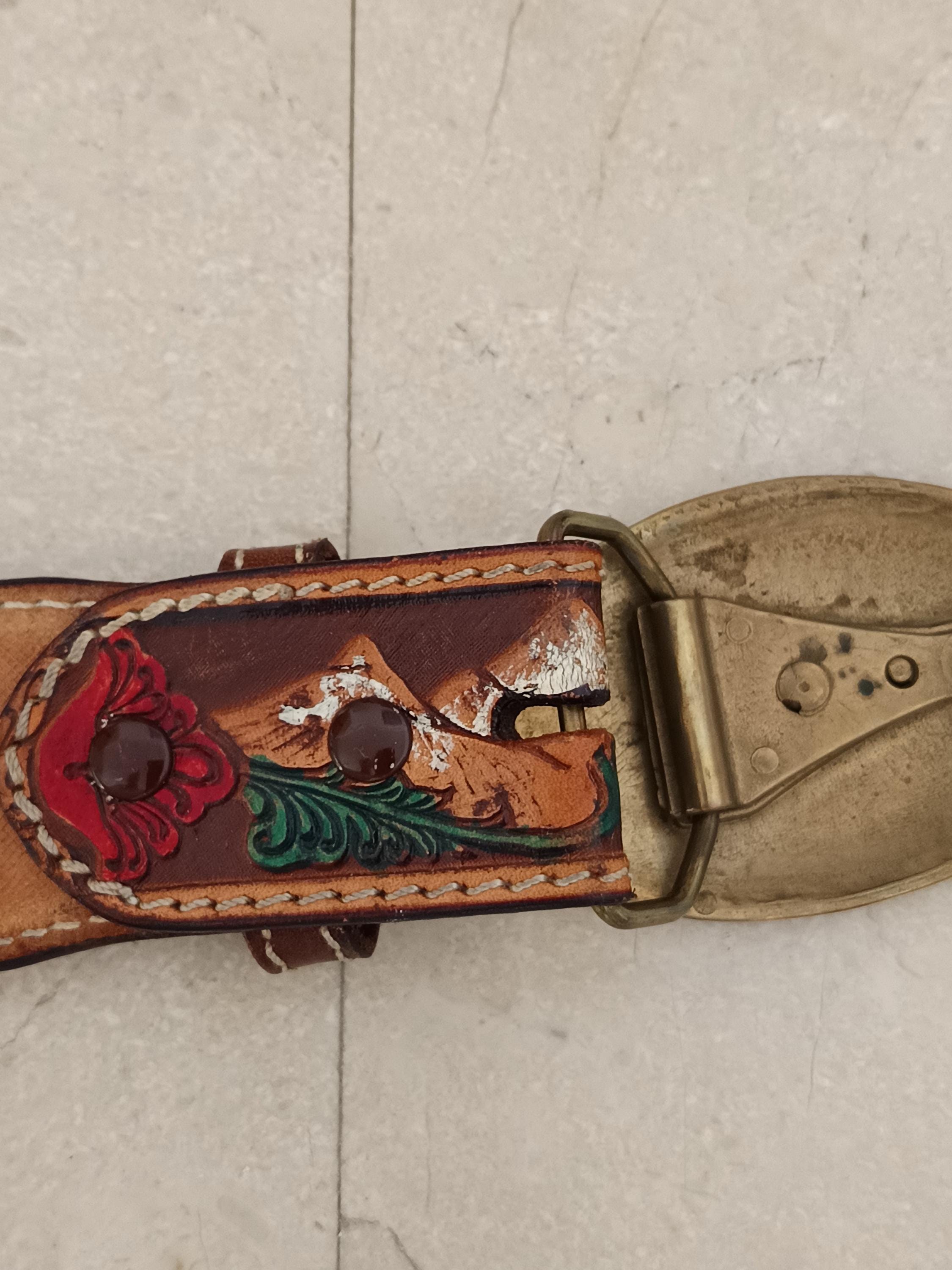 Vintage El Charro Hand Tooled Painted Leather Floral Western Belt 80 90s Boho 30 Vintage Brown Charro Leather Folklore Belt Western Bohemian  main image 3