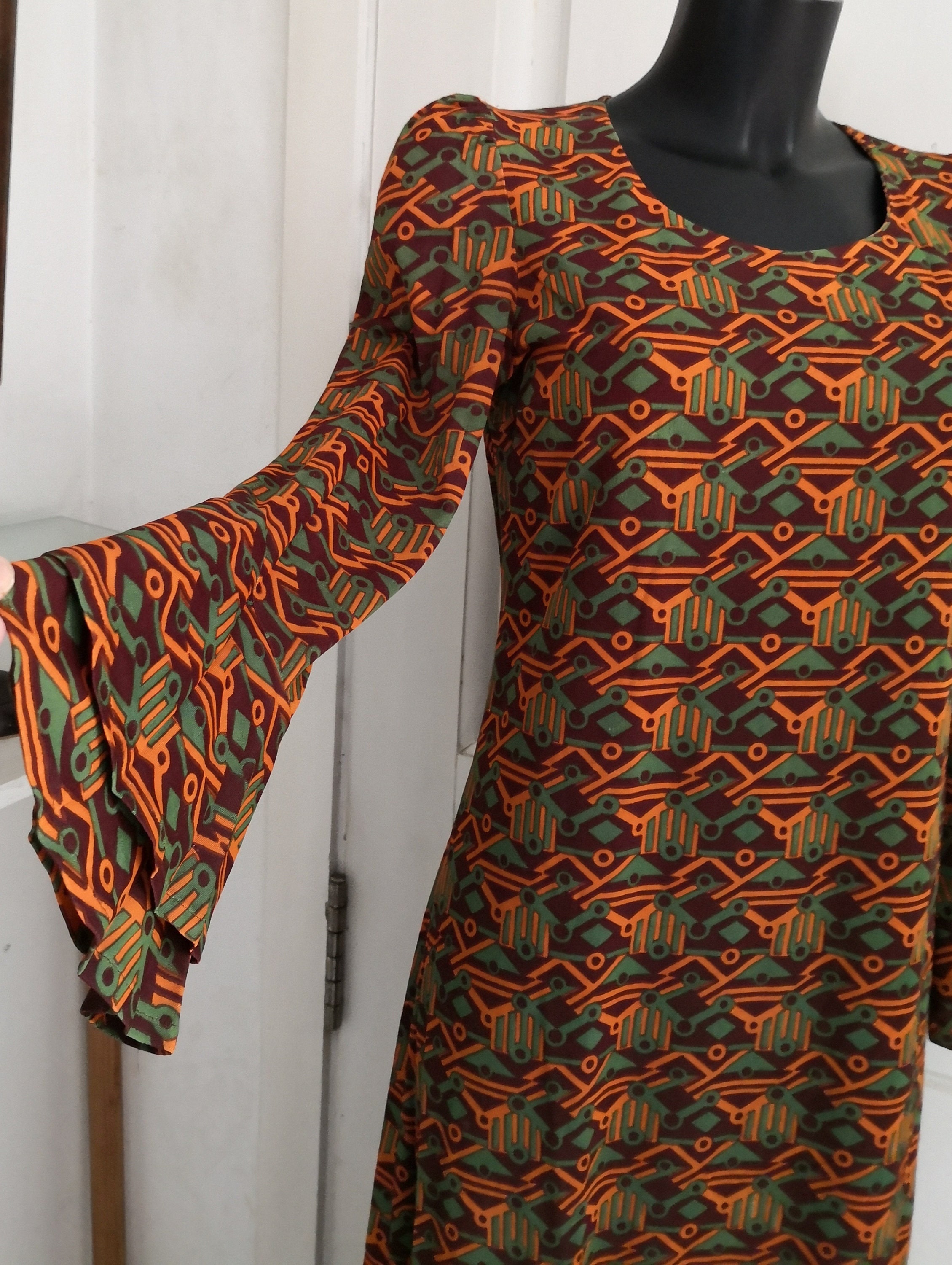Robe Longue Vintage Années 70 Taille S - Imprimé Floral Géométrique, Marron/orange/violet