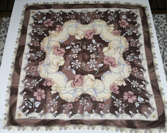 Vintage brown floral turkish ethnic traditional scarf with lace edge 89x94 cm