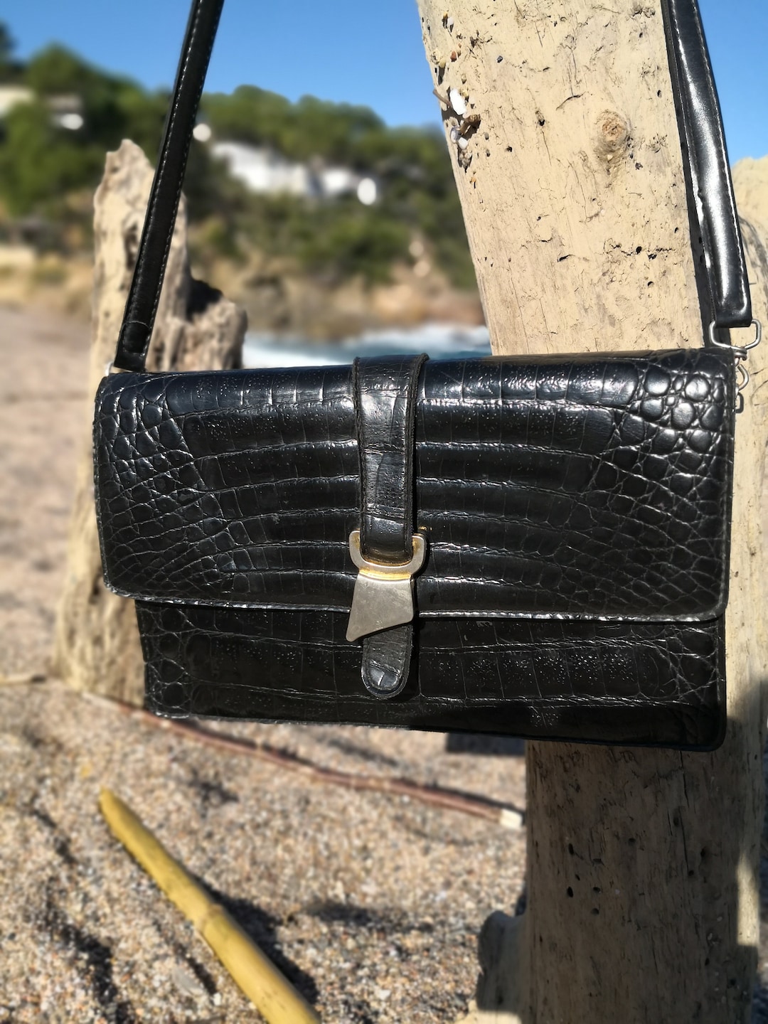 Vintage 70s Black Simili Crocodile Leather Bag or Clutch Etsy