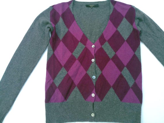 Max Mara, Vintage Max Mara Cashmere Cardigan - Size M - Grey Purple Argyle, Made in Italy