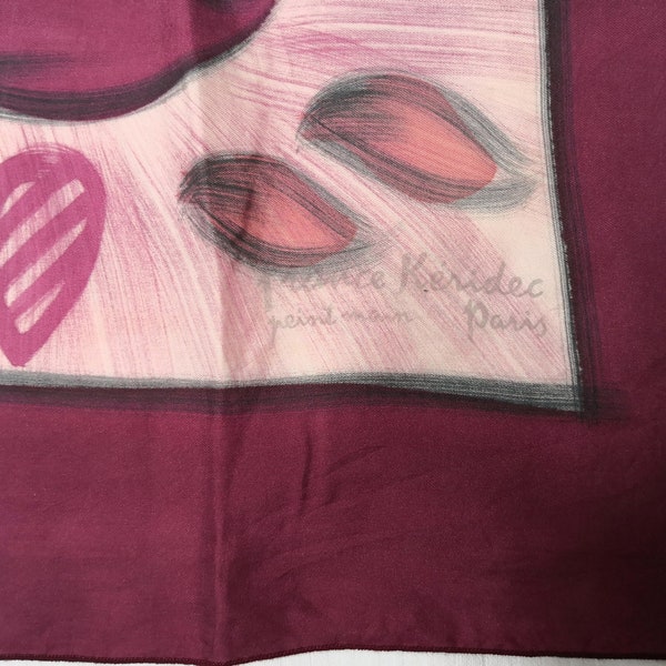 Vintage garnet silk scarf with leaf print FRANCE KERIDEC hand painted 76x80 cm