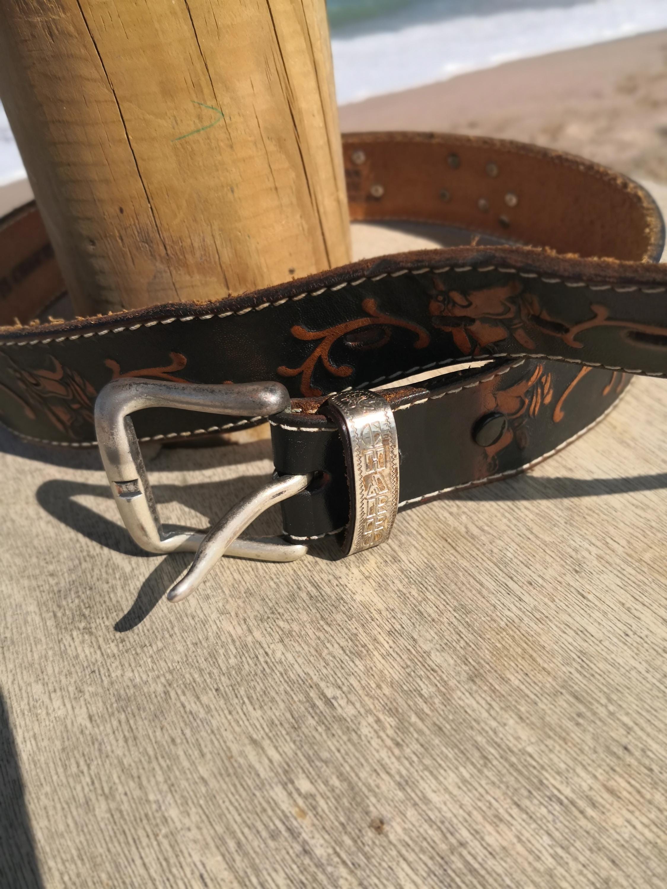 Vintage 80s El Charro Tooled Leather Belt, Hand Painted  display picture 2