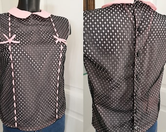 Vintage 60s Peter Pan collar black and pink back buttoned sleeveless polka dot top Size M