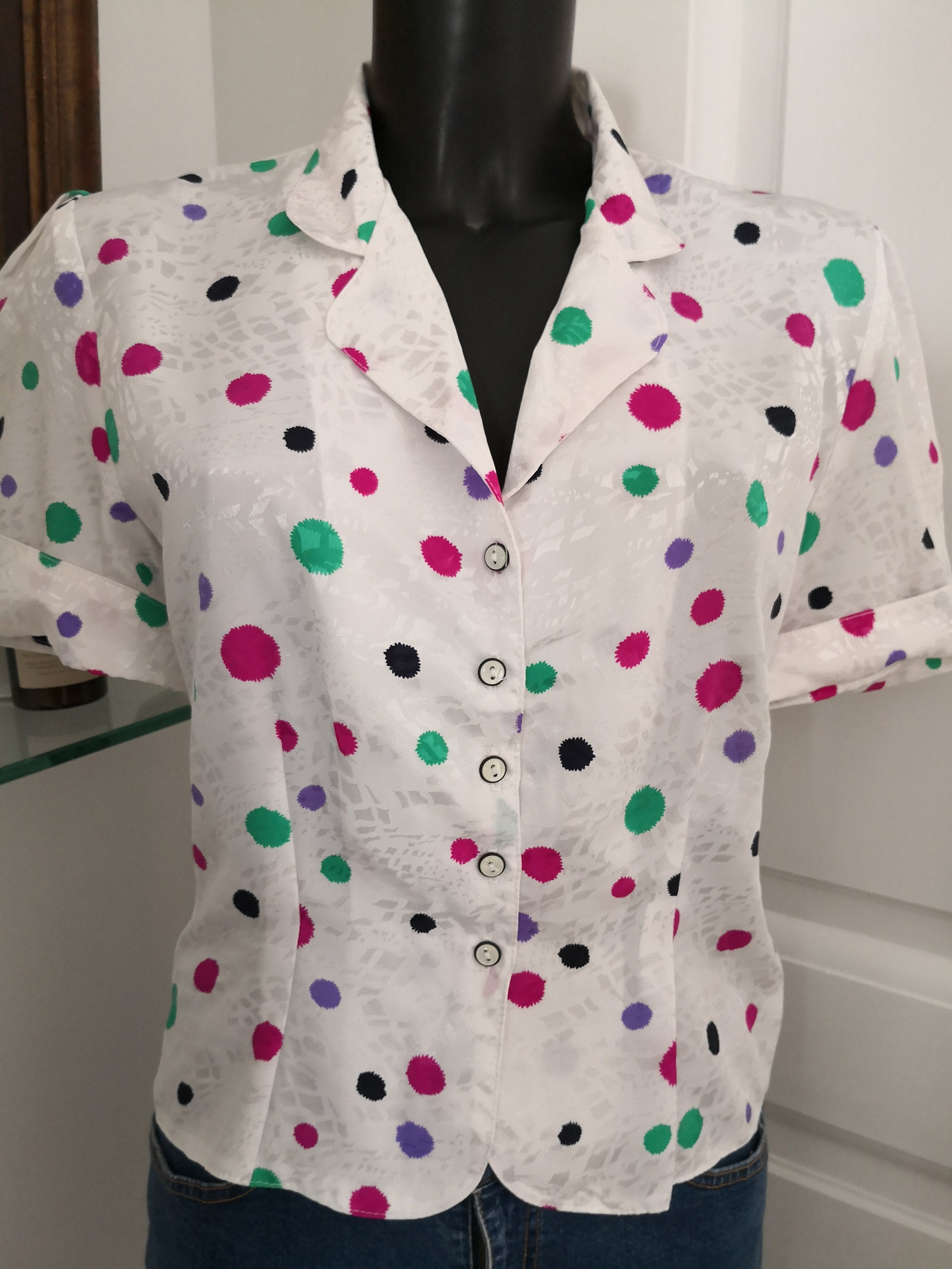 Chemisier Vintage Femme Taille L - Blanc, Col Brodé, Manches Courtes - Neuf Avec étiquettes